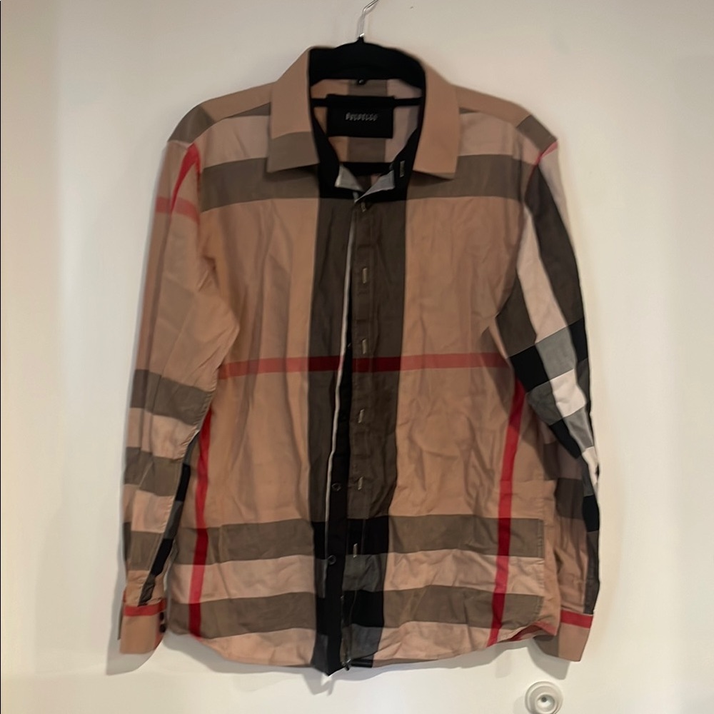 Tan and Red Lightweight Plaid Shirt Sz L